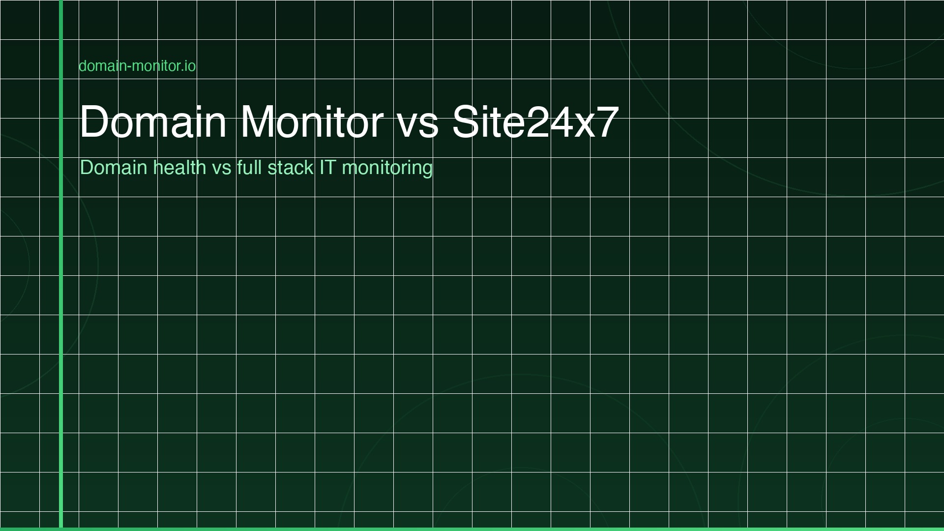 Feature comparison of Domain Monitor vs Site24x7 showing domain expiry SSL certificate DNS monitoring versus full stack IT infrastructure monitoring