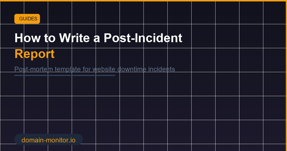 Post-incident report template showing timeline, root cause analysis, and action items for website downtime