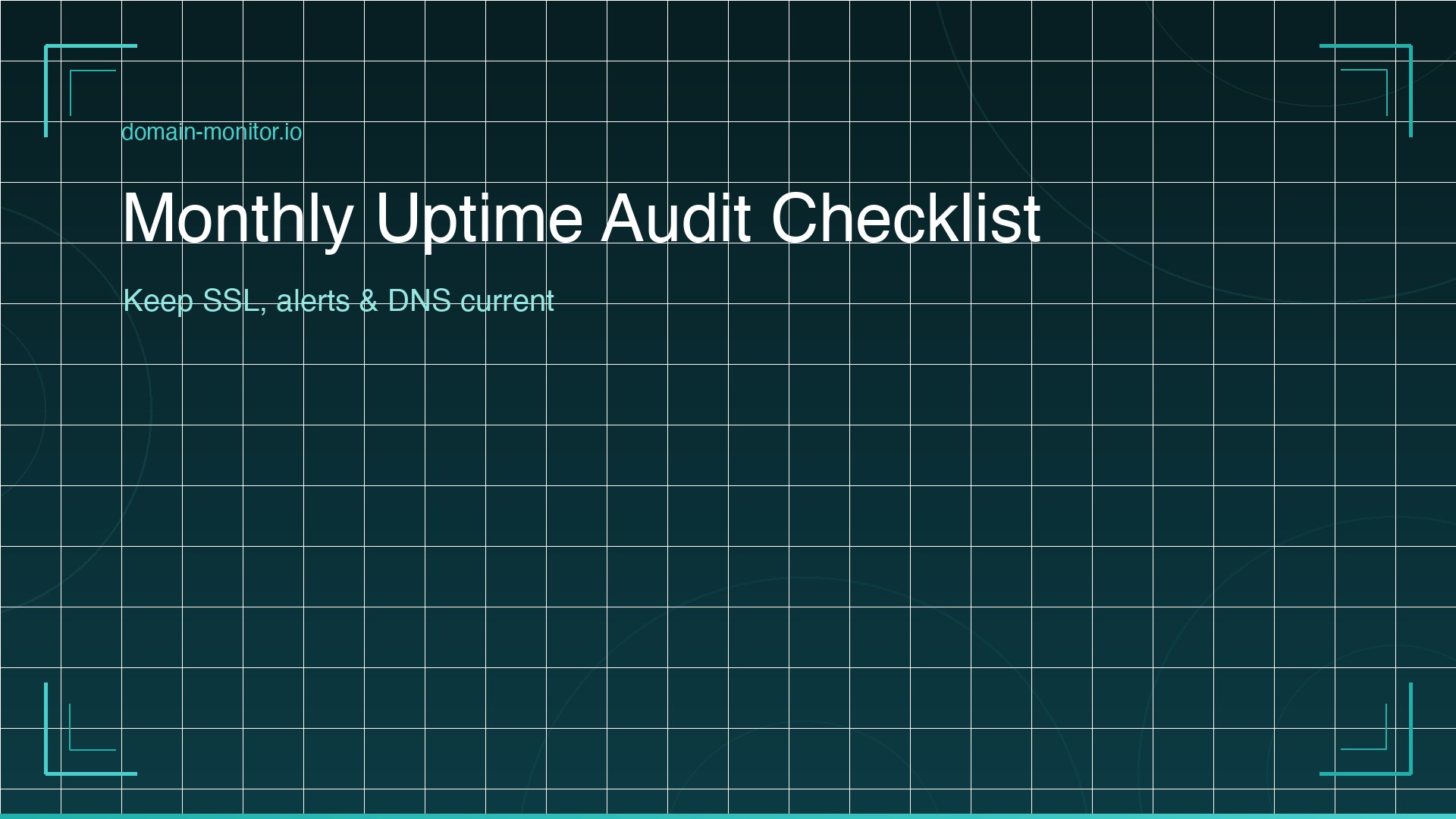 Monthly uptime audit checklist showing SSL expiry review alert contact verification DNS record check and monitoring configuration review