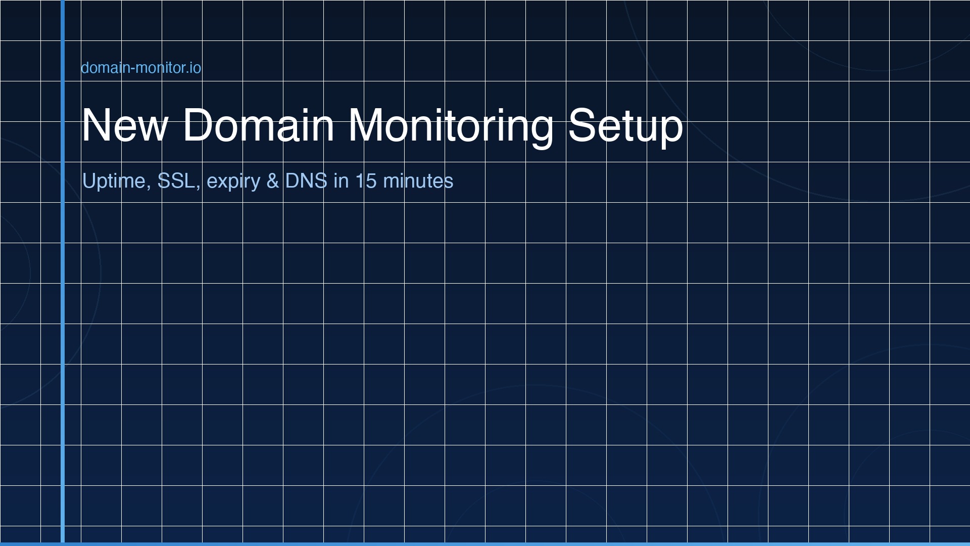New domain monitoring setup checklist showing uptime monitor SSL certificate domain expiry DNS monitoring and alert configuration steps