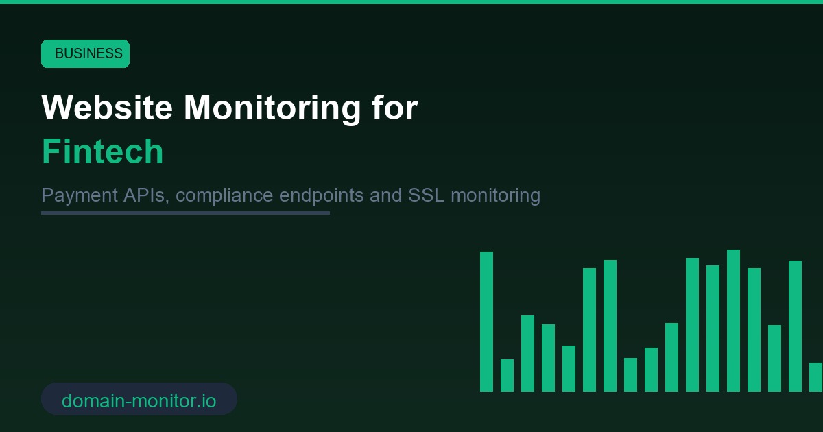 Fintech website monitoring dashboard showing payment API uptime, SSL status and compliance endpoint checks