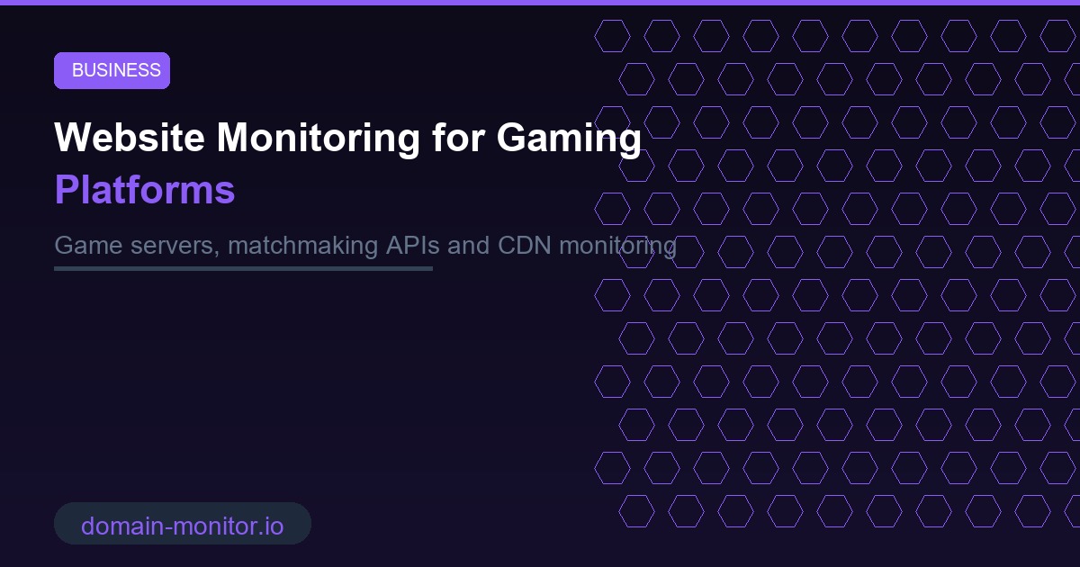 Gaming platform monitoring showing game server uptime, matchmaking API status and player authentication health